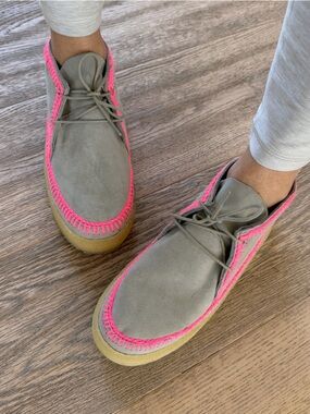 Anthropologie NEW Shenje Chukka Boots Light Gray Neon Pink Fits 8 to 8.5 max 🌸💗